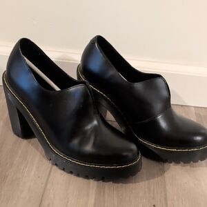 Dr. Martens Black Leather Chunky Heel Pumps with Yellow Stitching